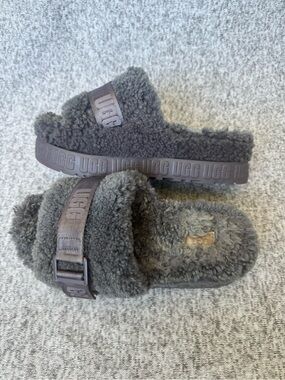 UGG Gray Shearling Slide Platform Sandals